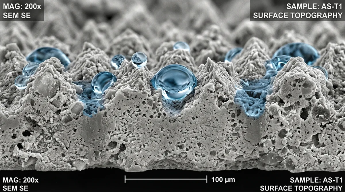 Microscopic cross-section of slip-resistant porcelain tile showing microtexture topography and water droplet contact angles