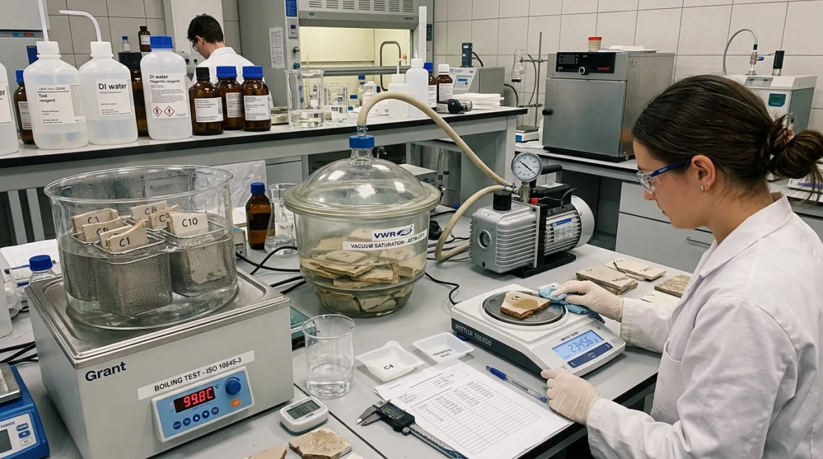 Laboratory scientist performing boiling water absorption and vacuum saturation testing on porcelain tiles under ISO 10545-3