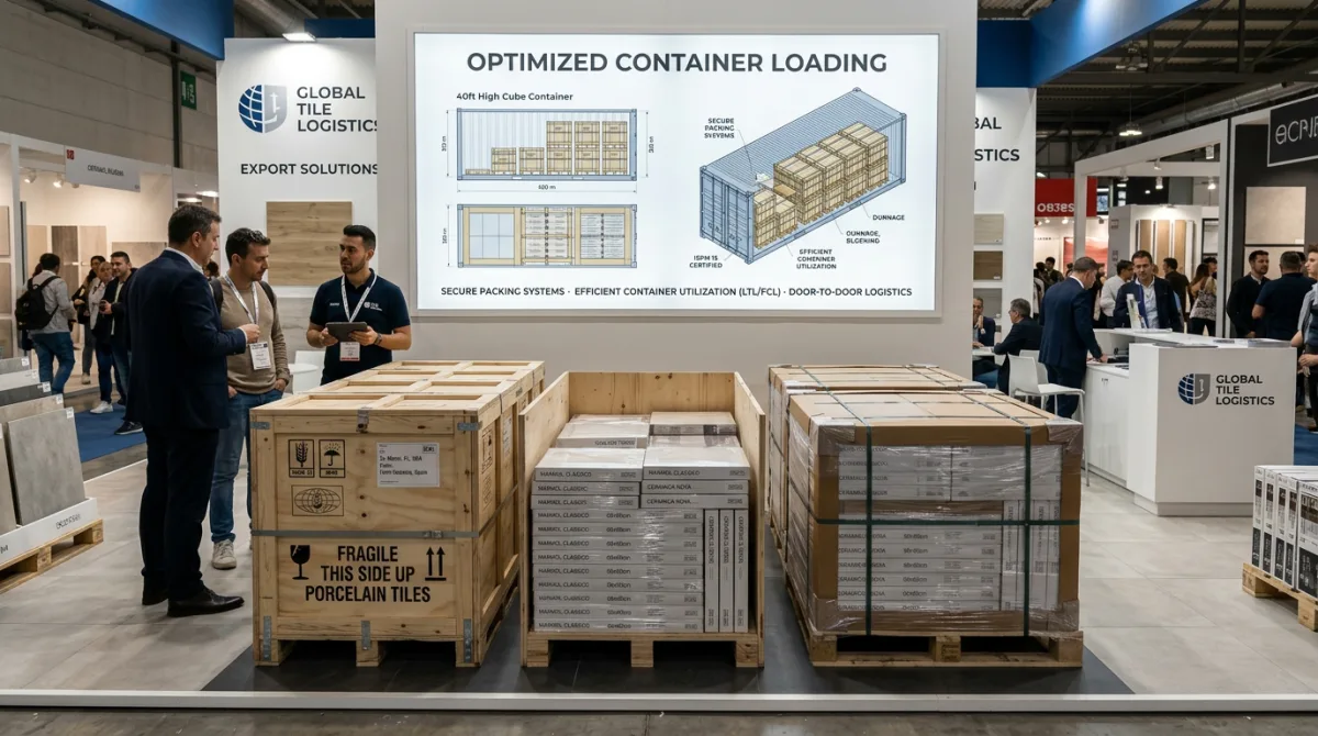 Export pallet packaging and container loading logistics showcase for ceramic and porcelain tiles