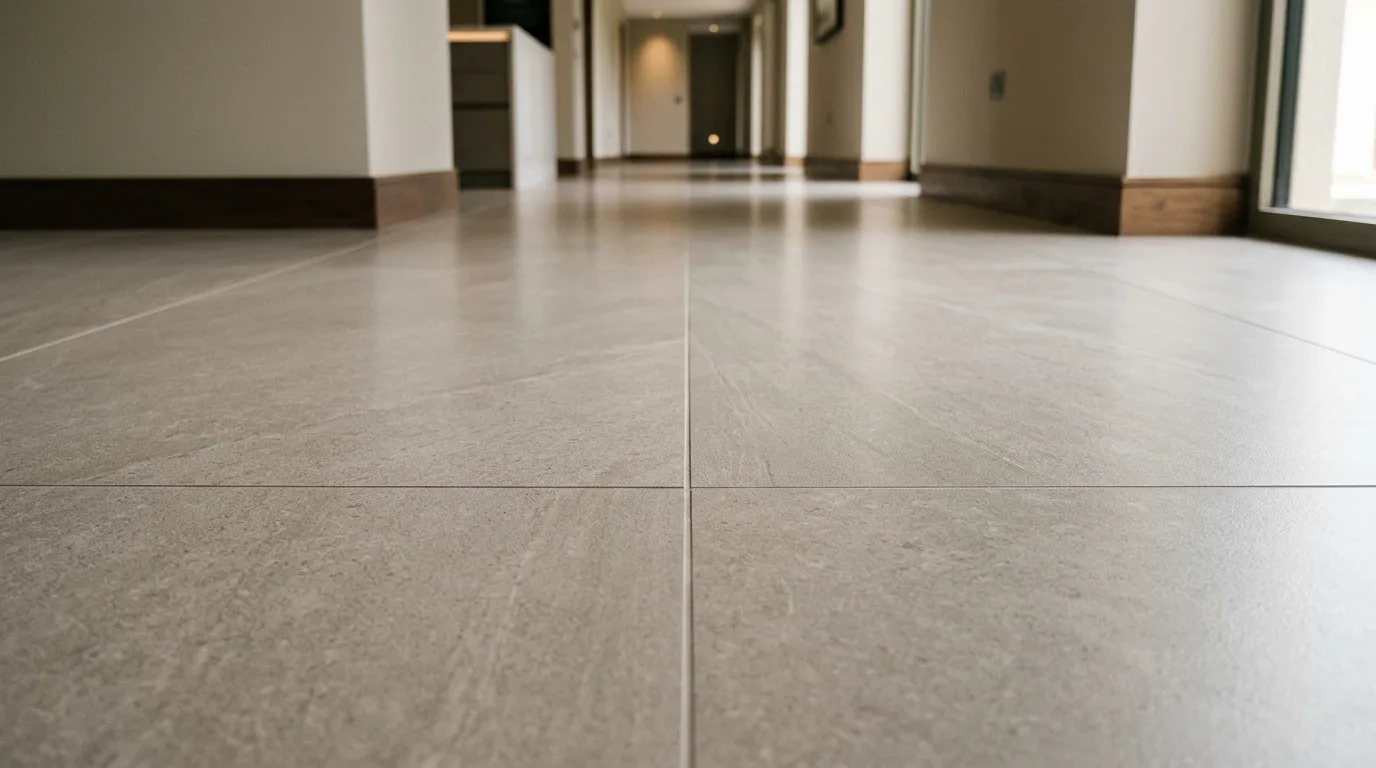 Ground level view of rectified porcelain floor tiles with narrow 1.5mm color matched grout joints