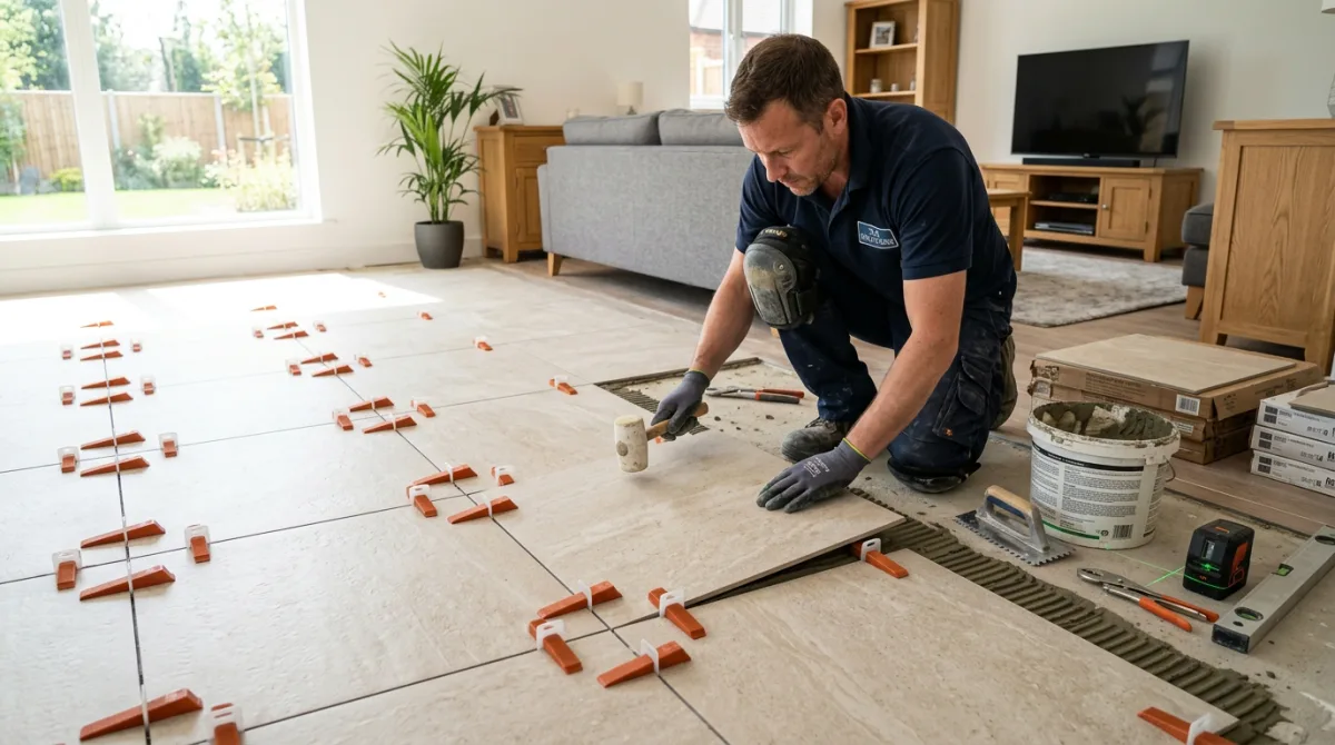 Professional tile installer laying popular 600x600 mm porcelain floor tiles with leveling clips in residential living room