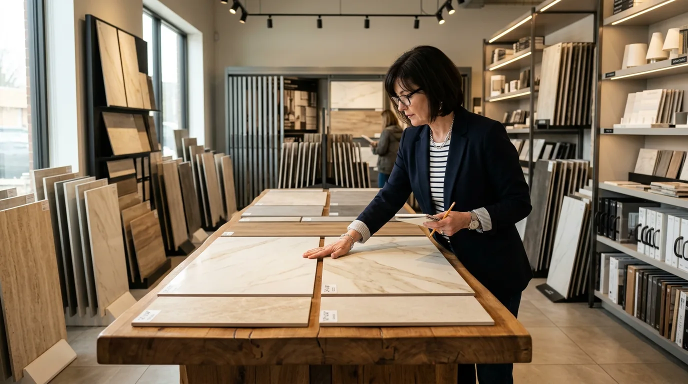 Interior designer conducting showroom test on porcelain and ceramic tile samples under natural lighting