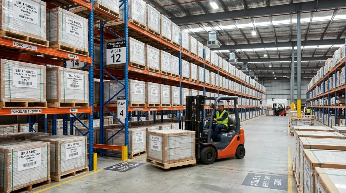 Organized tile warehouse with clearly labeled pallet racking system showing efficient SKU reduction inventory management
