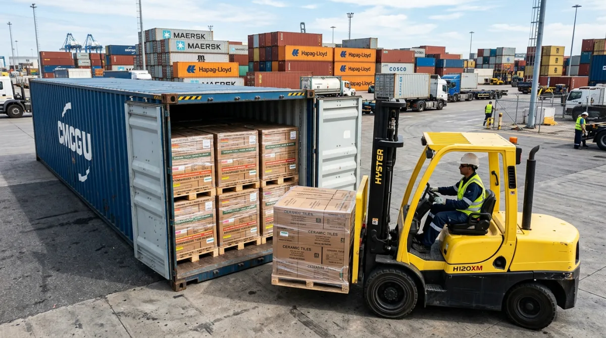 Forklift loading standardized pallets of porcelain tile SKUs into export shipping container at logistics dock