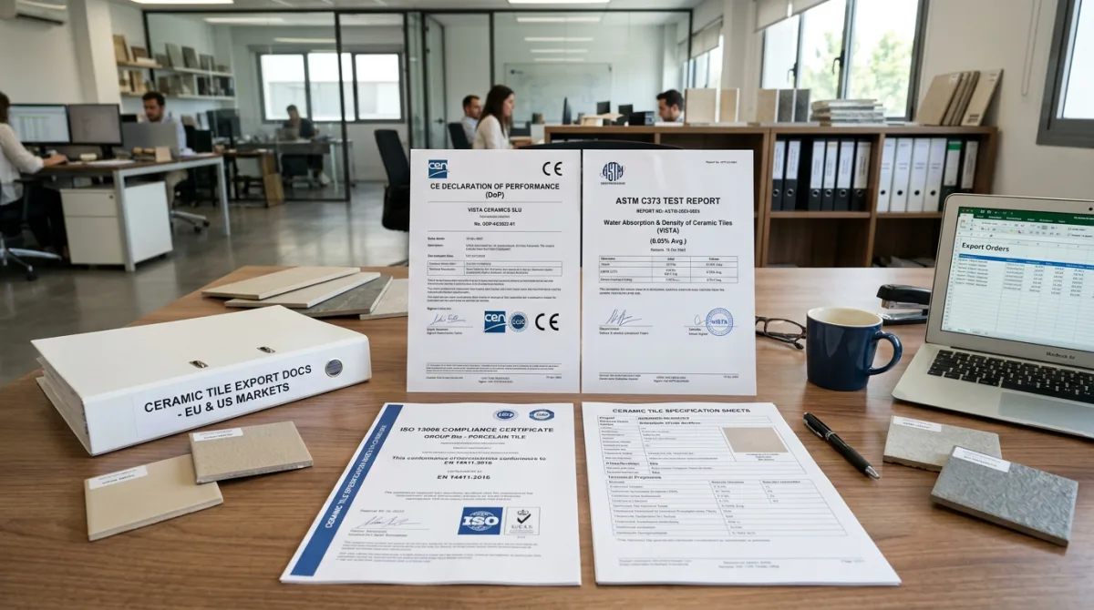 Official CE Declaration of Performance DoP, ASTM C373 test reports, and ISO 13006 compliance certificates on export desk