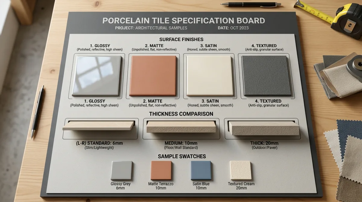Porcelain tile specification board comparing glossy matte satin surfaces and thickness options for SKU optimization