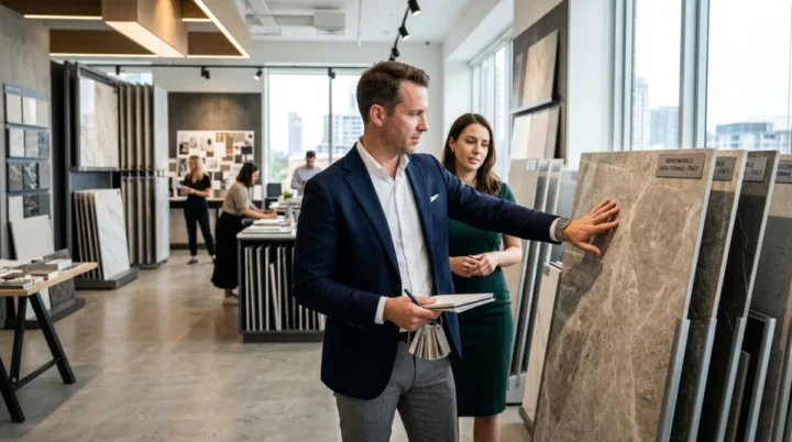 European tile importer reviewing premium porcelain tile collections in commercial design studio demonstrating value selling over volume
