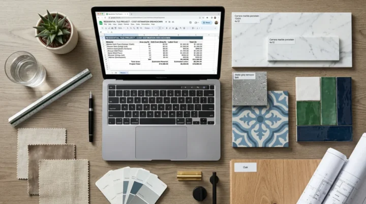 Comprehensive residential tile cost estimation breakdown spreadsheet showing material price installation labor and subfloor prep