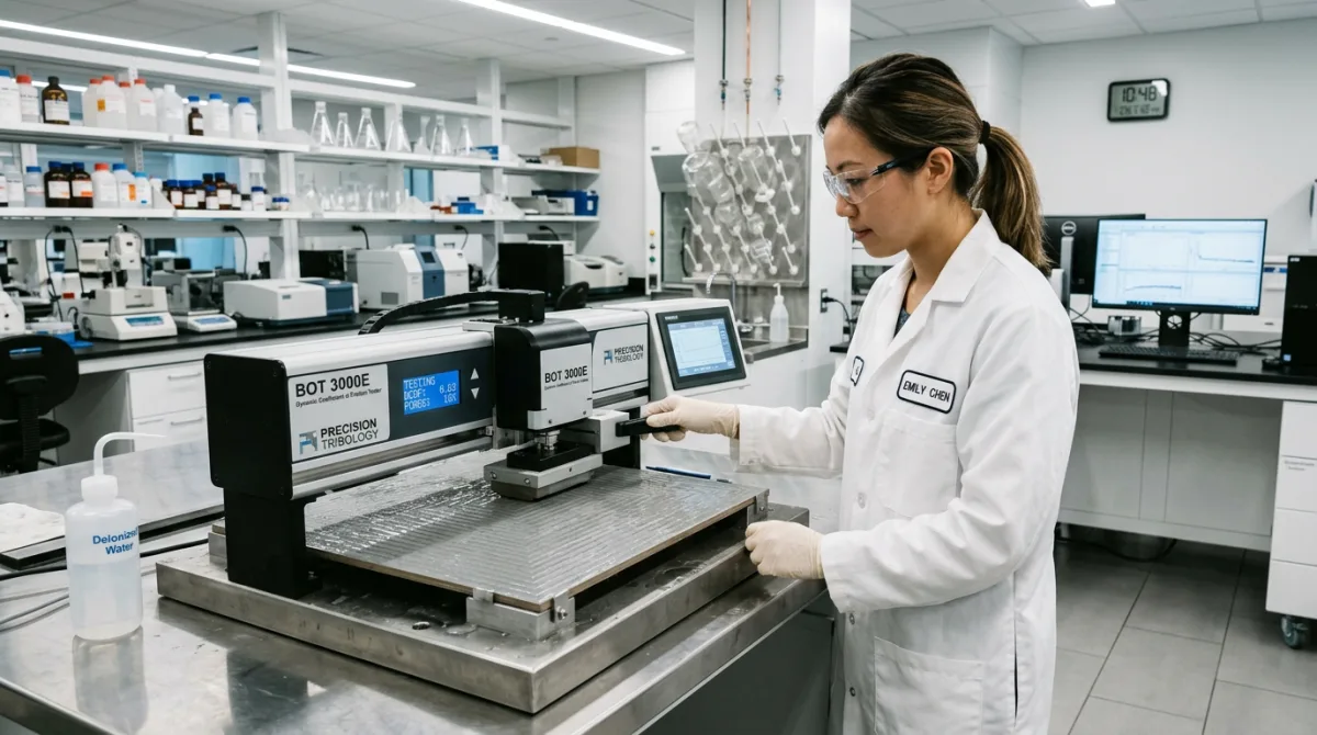 Laboratory scientist using a digital DCOF tribometer testing machine to evaluate dynamic coefficient of friction on a wet porcelain tile