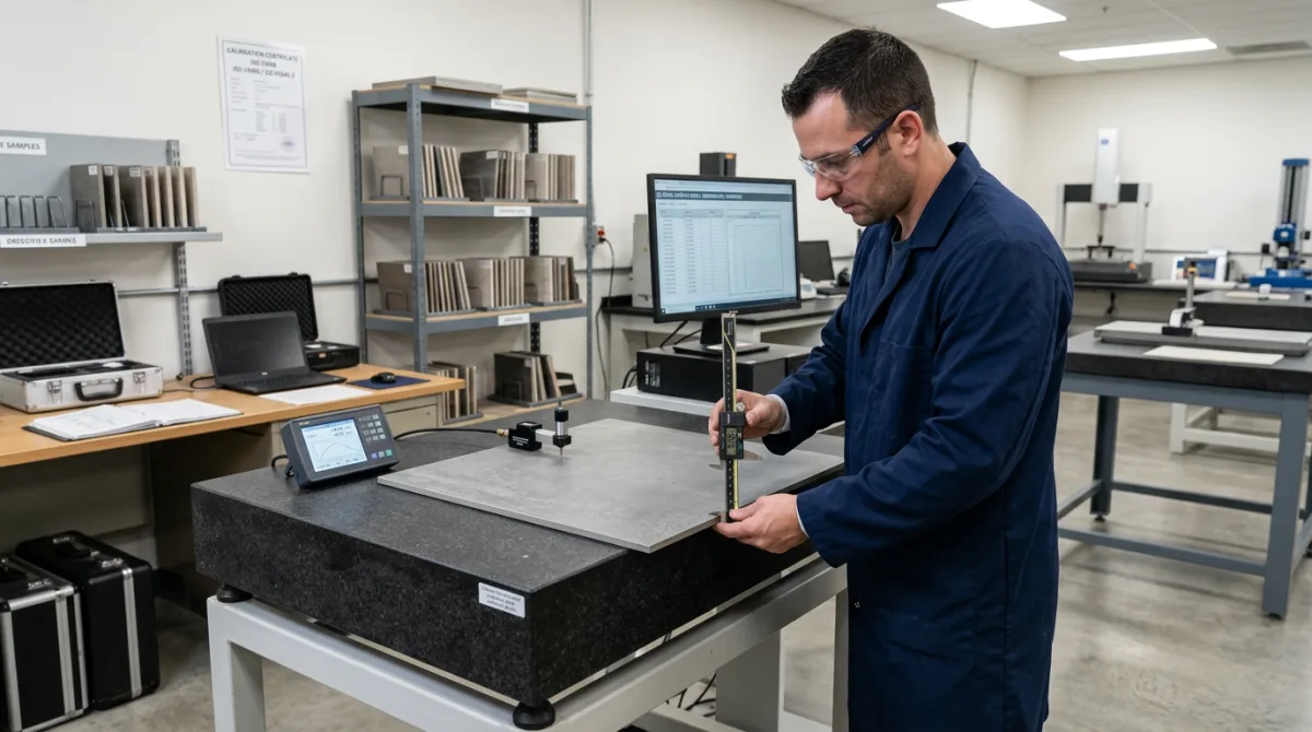Quality control engineer checking dimensional tolerances and warpage of porcelain tile with digital calipers in testing laboratory