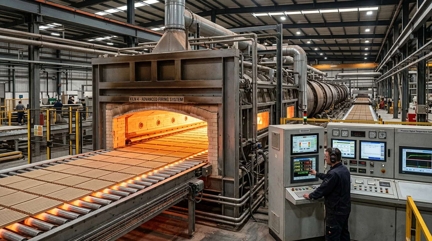 Industrial continuous roller kiln firing process with advanced heat recovery systems in a modern tile manufacturing plant