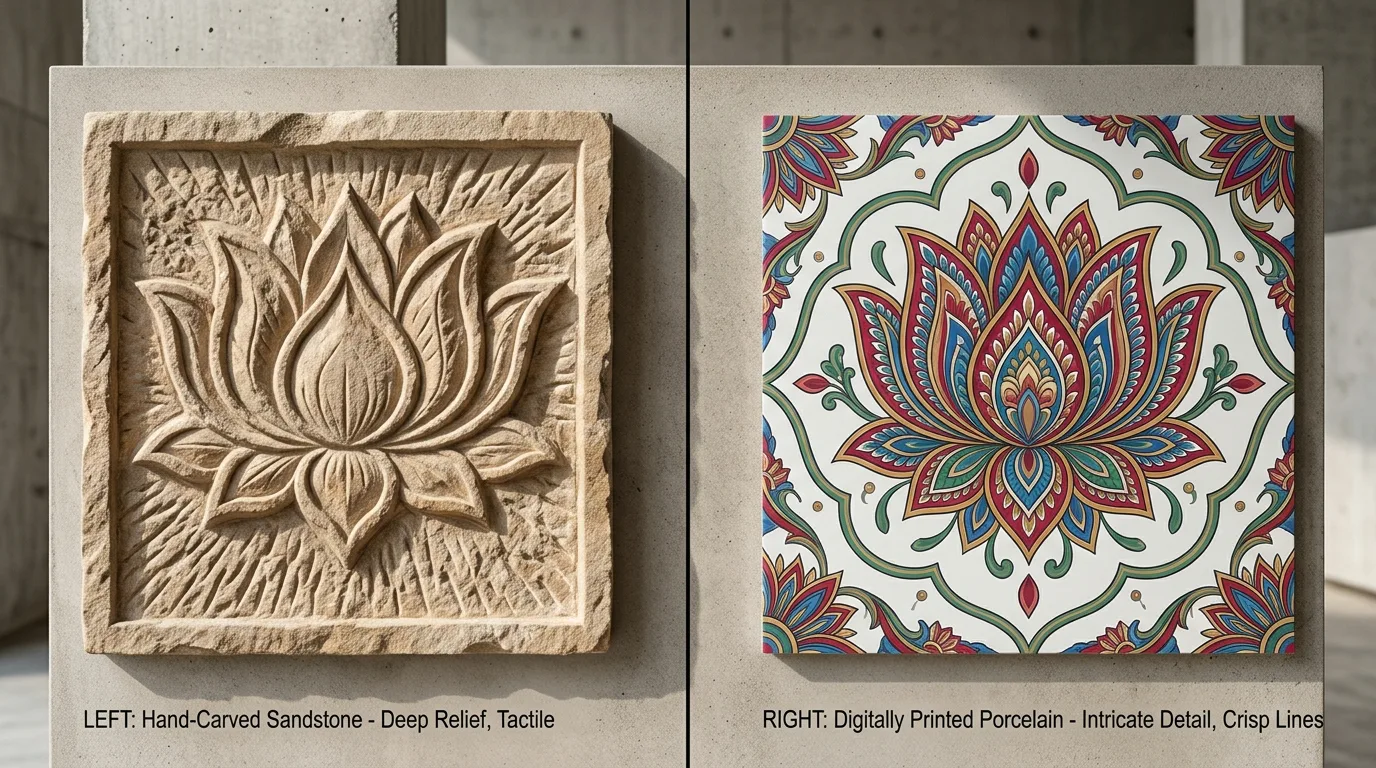 Comparison of tactile carved stone lotus tile versus digitally printed porcelain lotus tile with intricate colours
