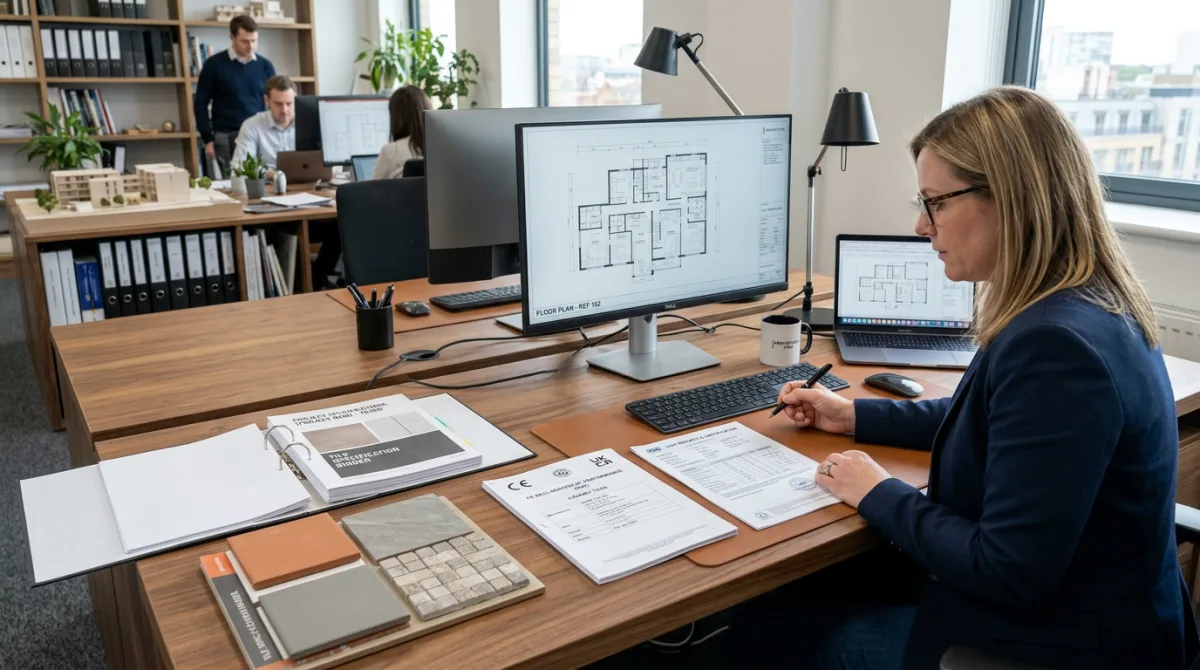 European tile importer reviewing technical dossier batch traceability and CE documentation before customs release