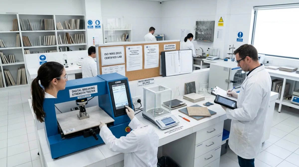 Quality control laboratory testing vitrified porcelain tiles for water absorption breaking strength and slip resistance