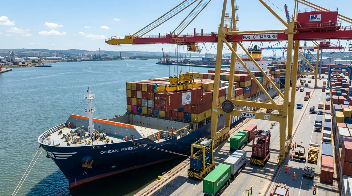 Logistics cargo port terminal handling palletized ceramic tile export crates under global trade incoterms
