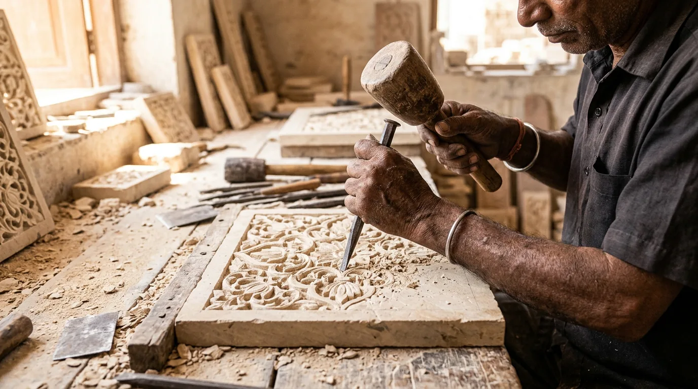 Indian stone artisan carving intricate floral jaali relief patterns into limestone tile with chisel and mallet