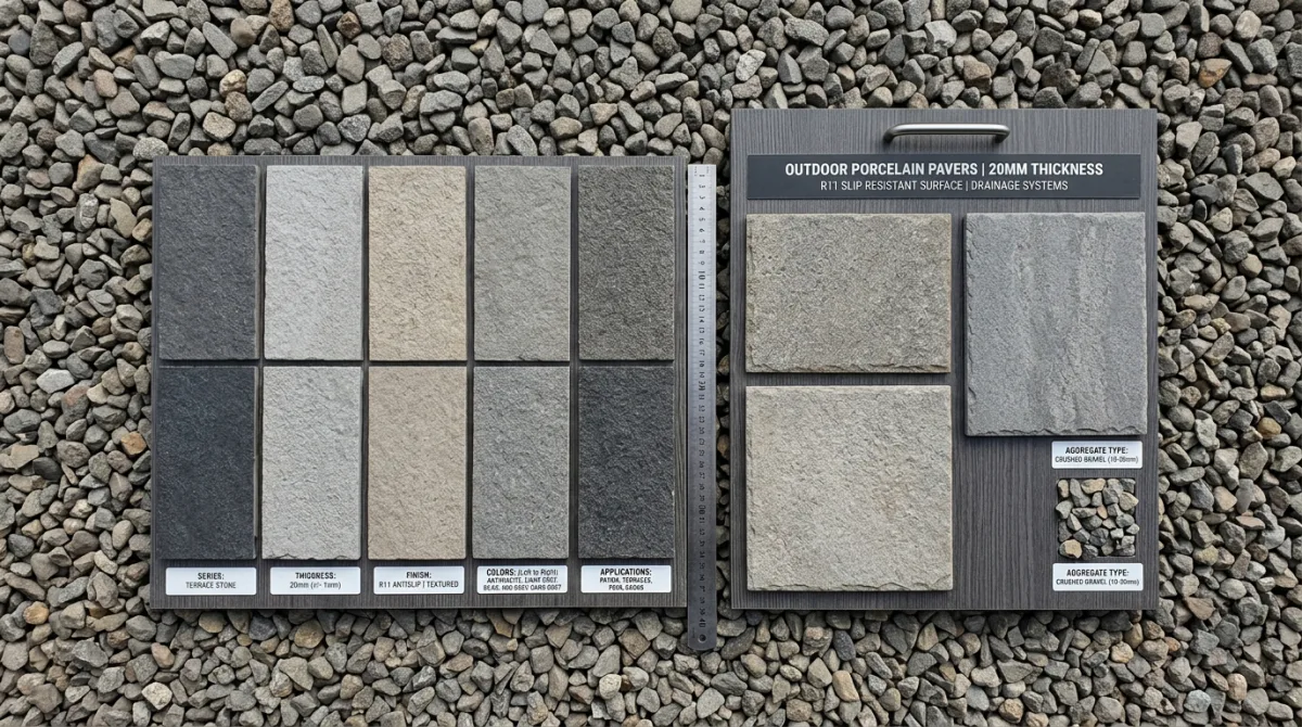 Material comparison swatches of heat-resistant porcelain, ceramic, and textured anti-slip tiles for warm humid environments