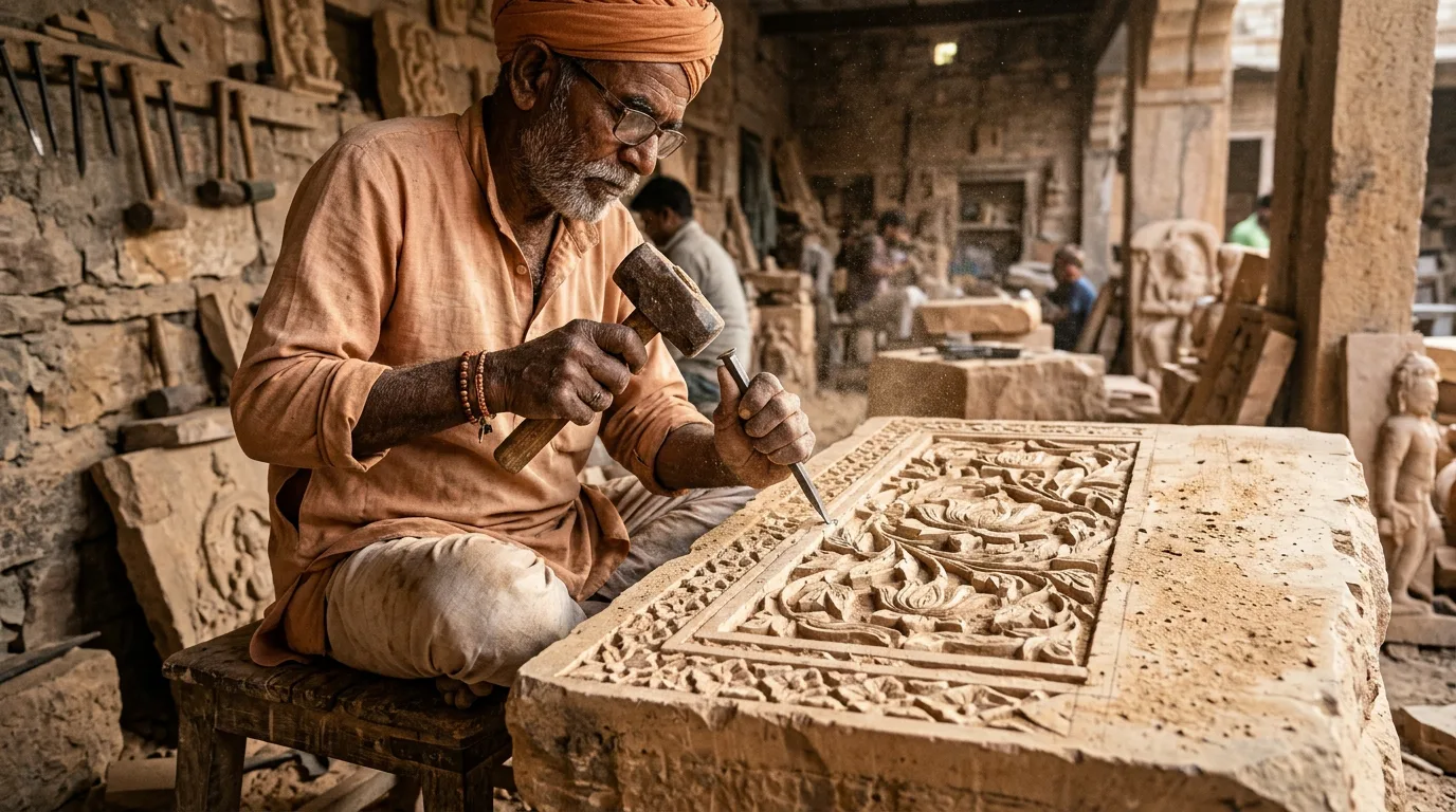 Master Indian stone carver shaping floral relief patterns into sandstone with traditional hammer and chisels