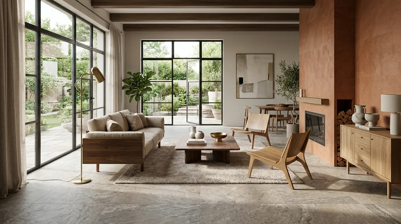 Natural material inspired porcelain floor tiles in modern living room with warm terracotta accent wall