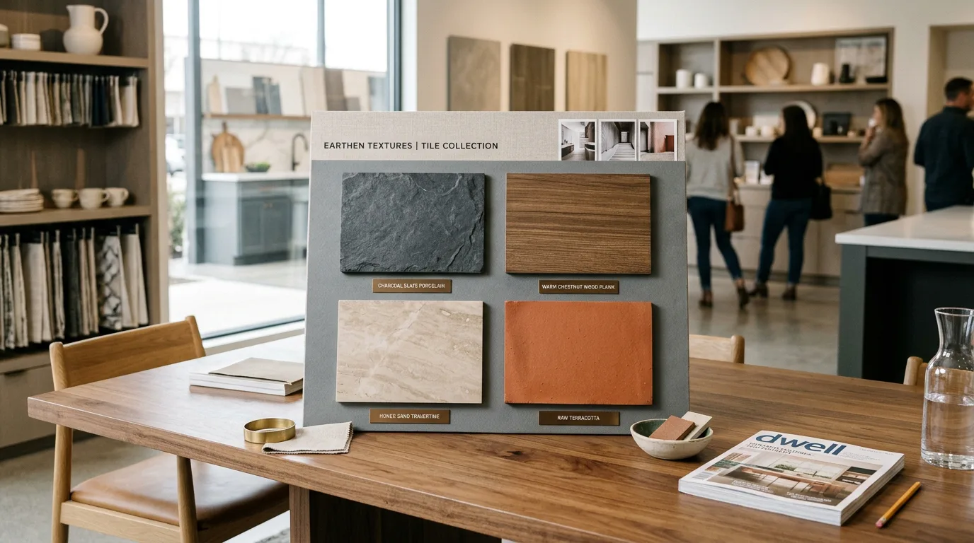 Showroom moodboard display featuring curated natural stone travertine slate wood plank and terracotta tile samples