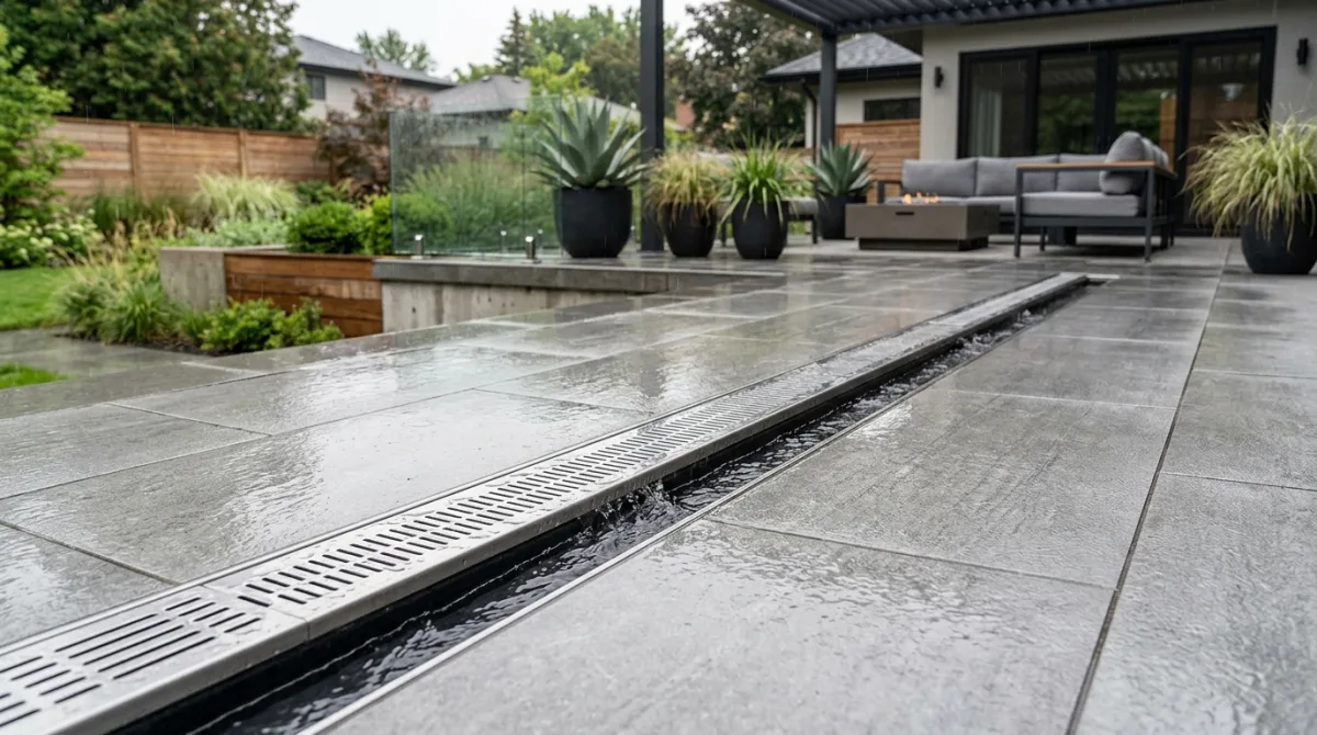 Proper patio slope drainage channel installed with light-coloured outdoor terrace tiles preventing water pooling