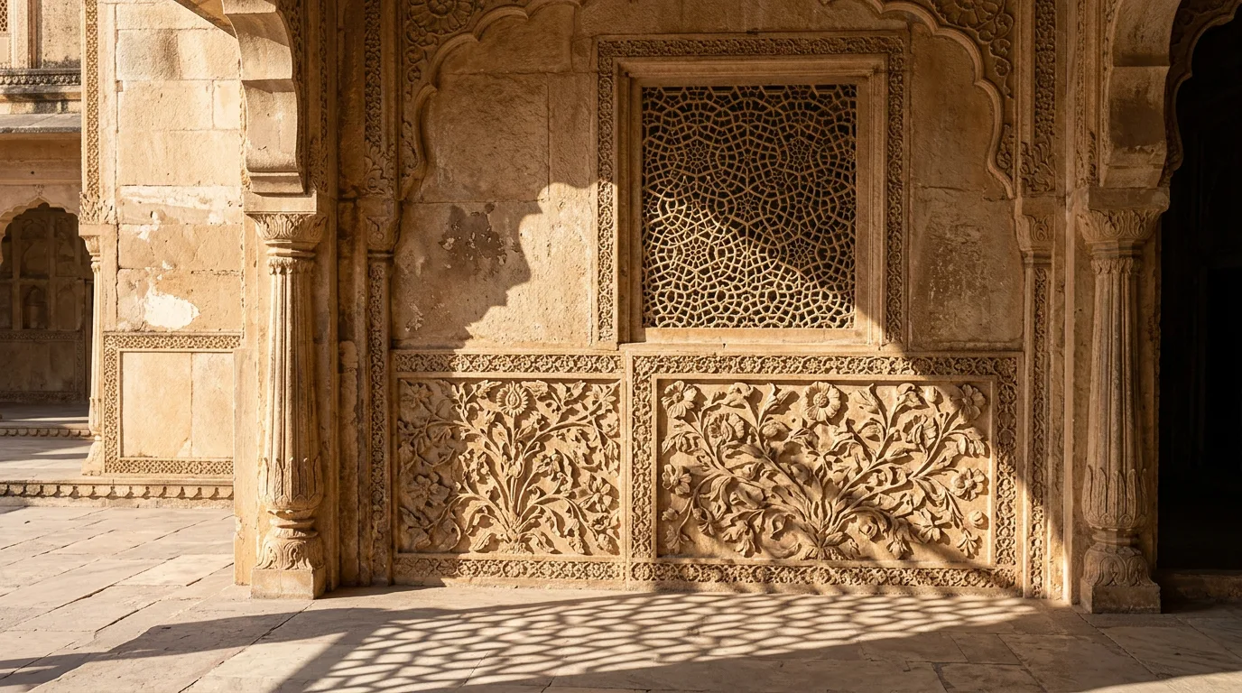 Intricate sandstone jali lattice screen and deep floral relief carving panels on heritage Indian architecture wall