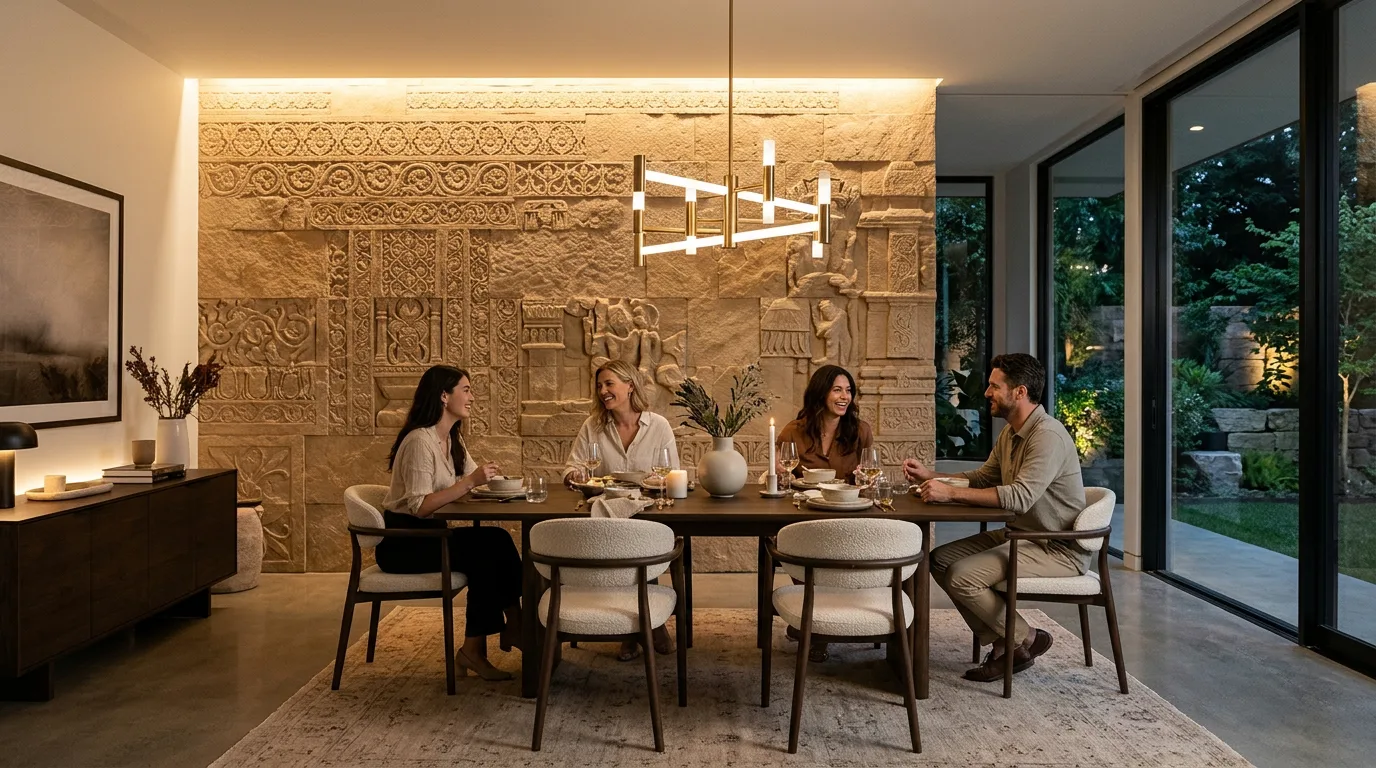 Luxury dining space with textured stone relief wall tiles bathed in warm architectural LED grazing light