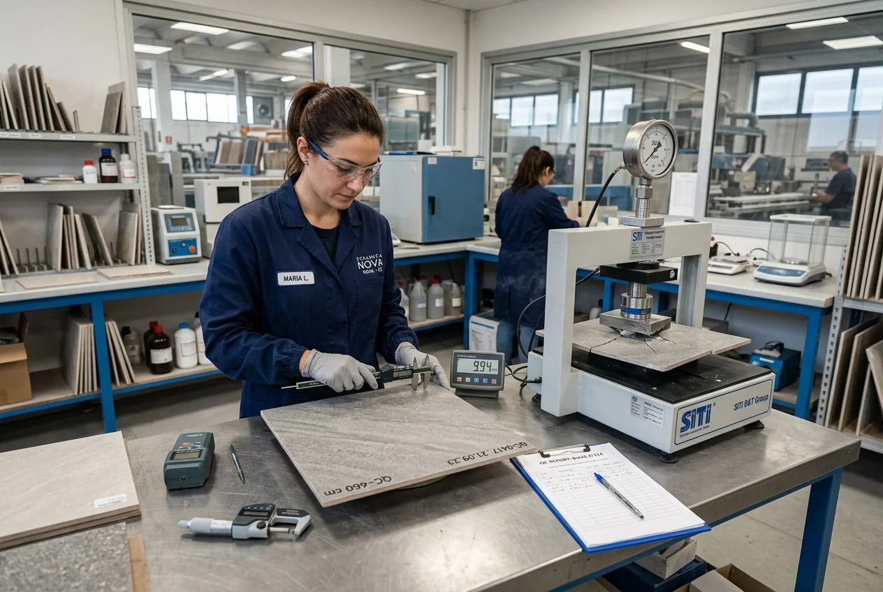 Quality control and environmental compliance laboratory conducting Life Cycle Assessment LCA testing for ceramic tiles