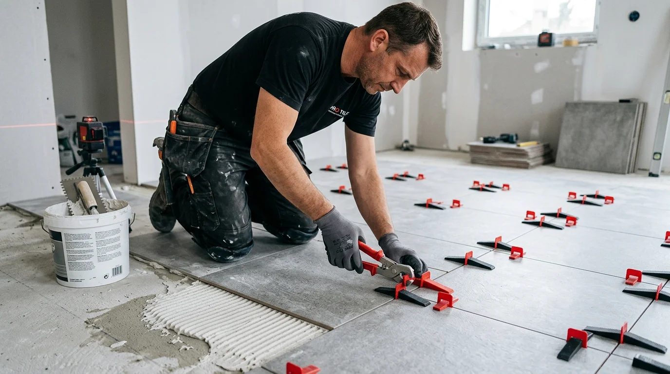 Professional tile installer using leveling clips and adhesive mortar during floor renovation over existing substrate