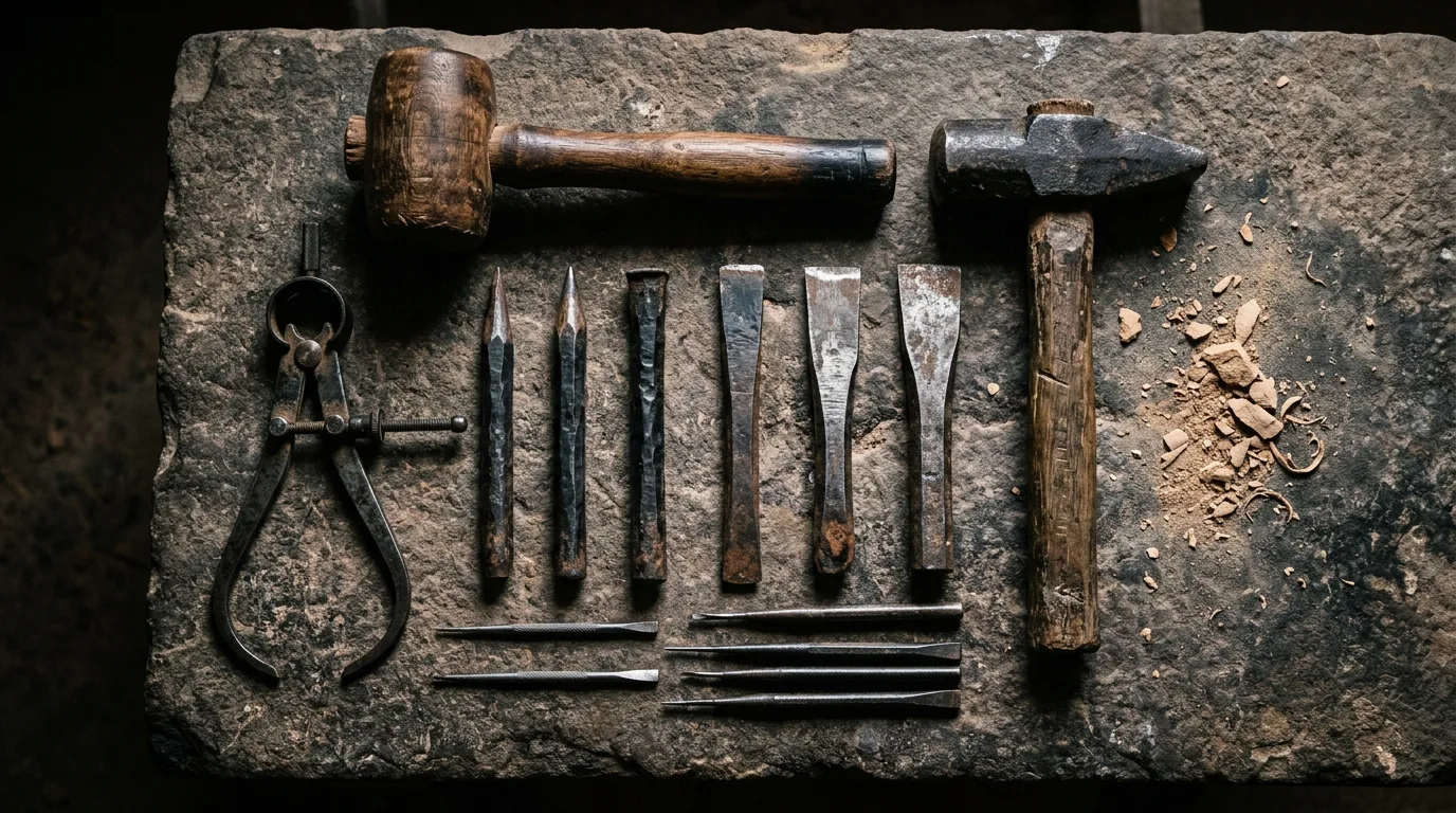 Set of traditional Indian stone carving tools including forged pointed chisels, flat chisels, and wooden mallets