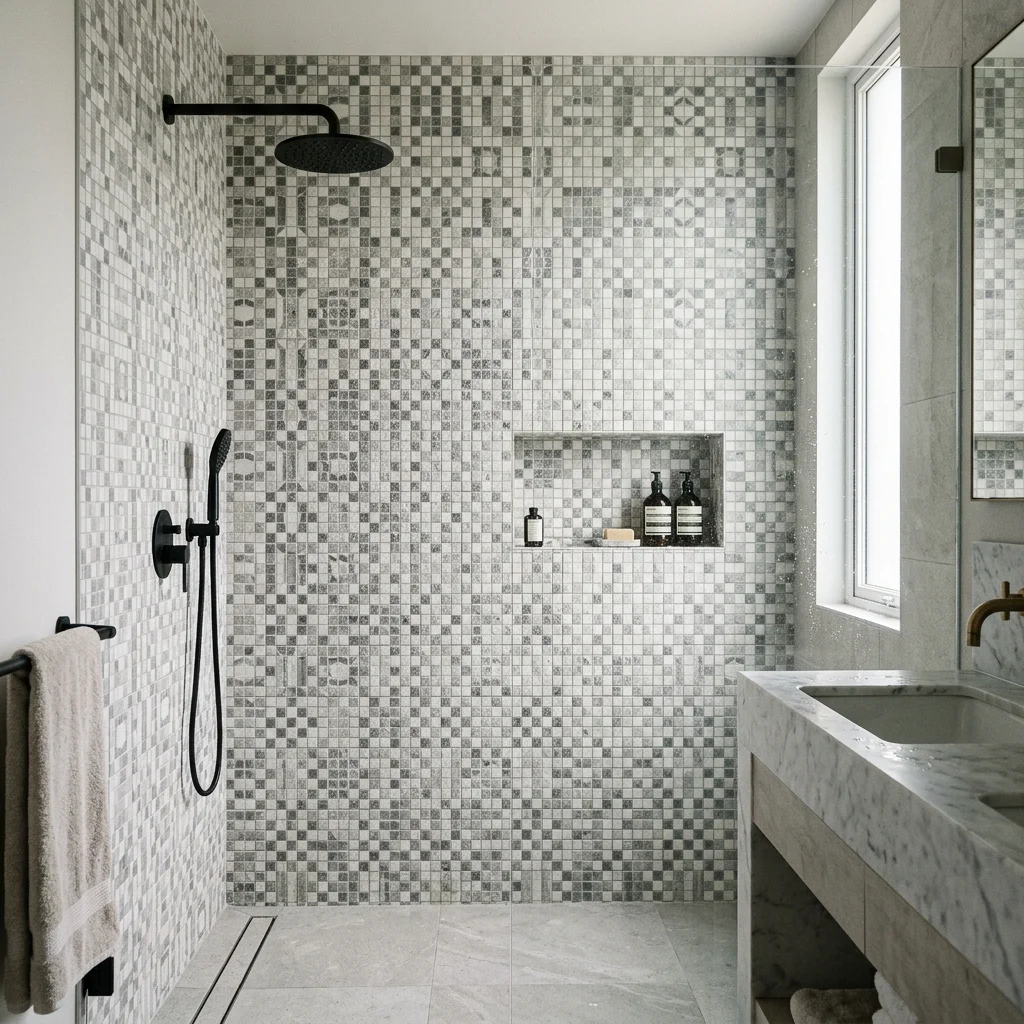 Decorative vintage duet mosaic tiles arranged in heritage geometric patterns on an interior feature wall
